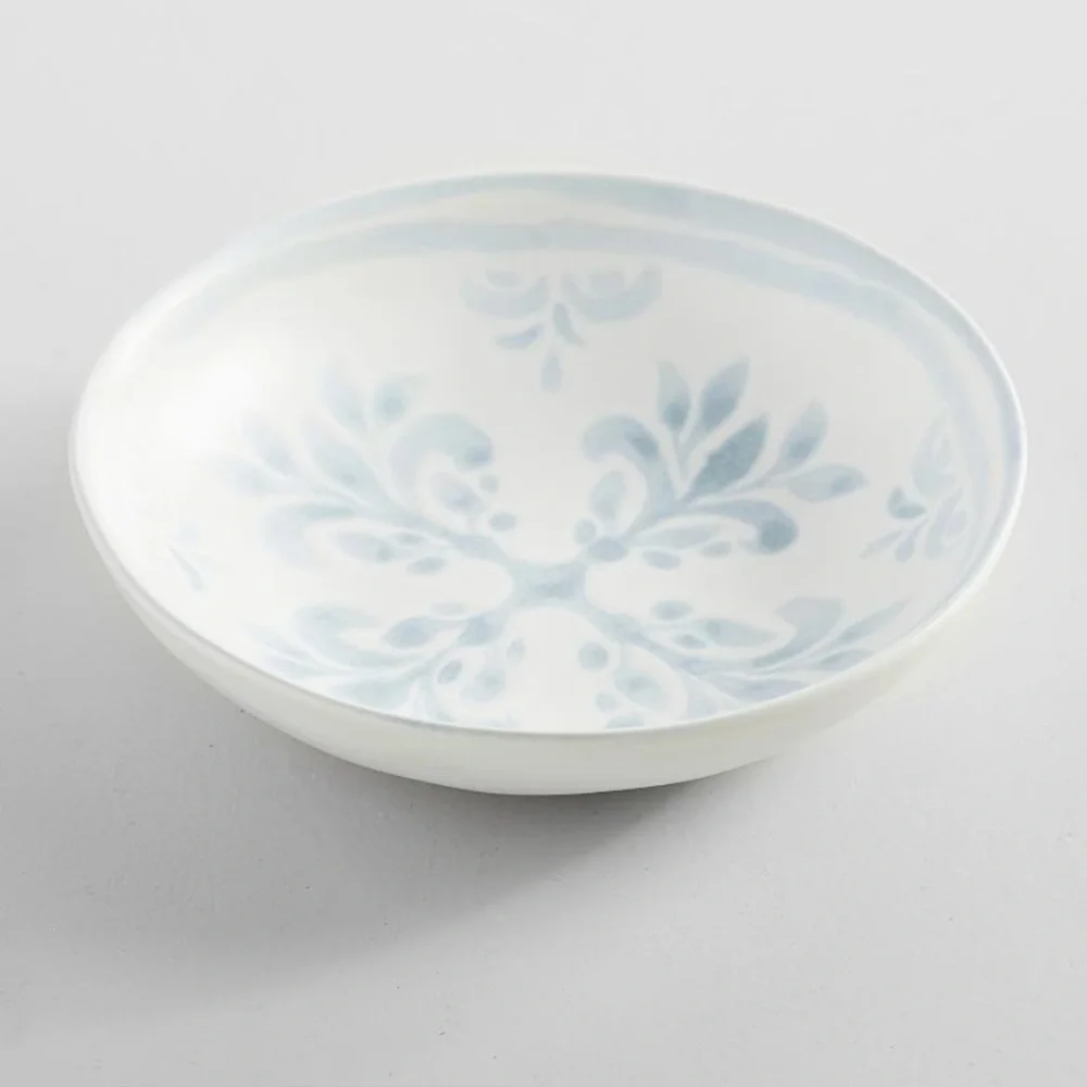 Pottery Barn Chambray Tile Stoneware Soup Bowls Blue and White 8